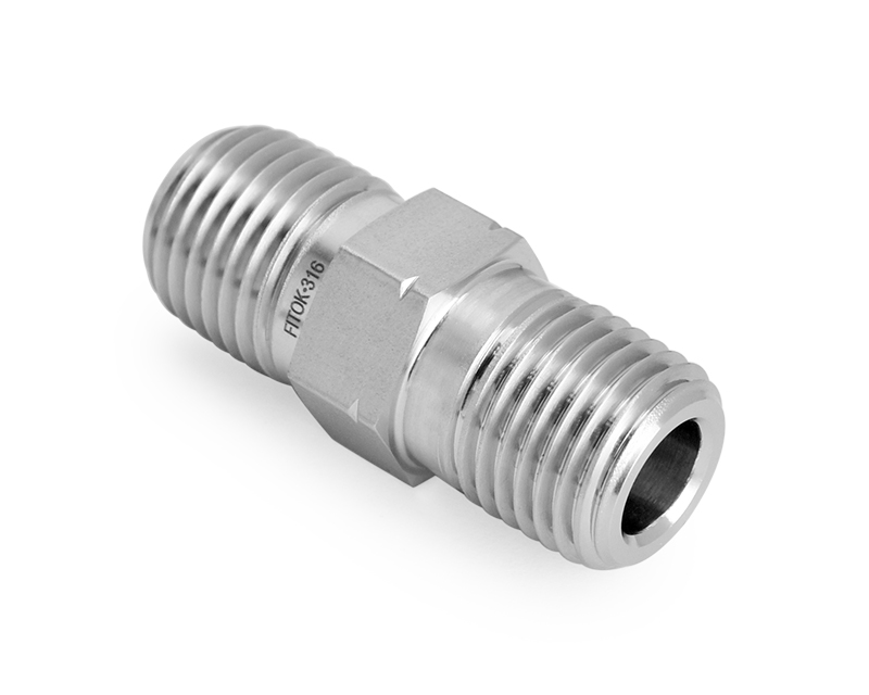 316 SS, FITOK 6 Series Pipe Fitting, Hex Nipple, 3/8 Male NPT × 3/8 Male ISO Tapered Thread(RT)